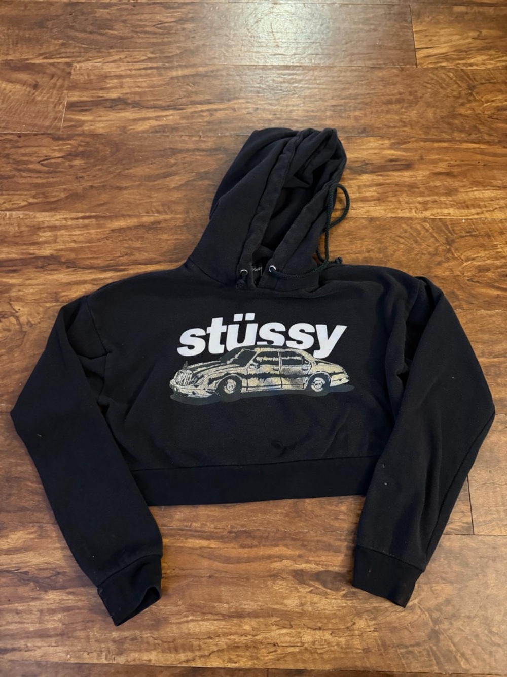 Vintage y2k Stussy girls cropped Black hoodie car Sz XS